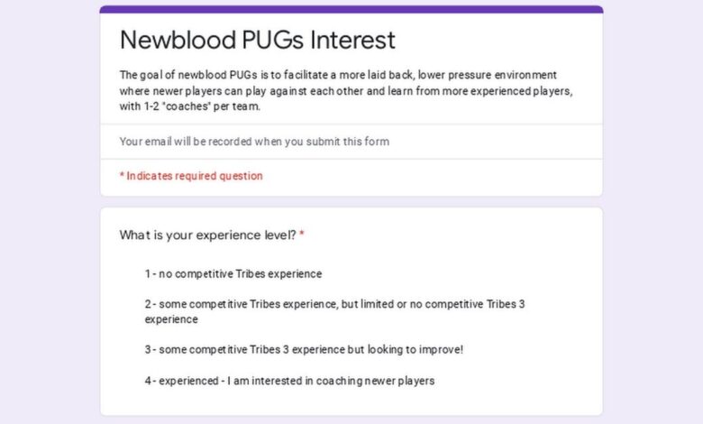 Interested in trying 7v7 Tribes 3 Pickups? We're looking to run Newblood PUGs this weekend - sign up here!
