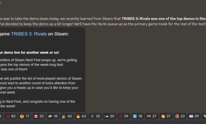 Tribes 3: Rivals Demo extended after being one of the top demos of steam next fest!