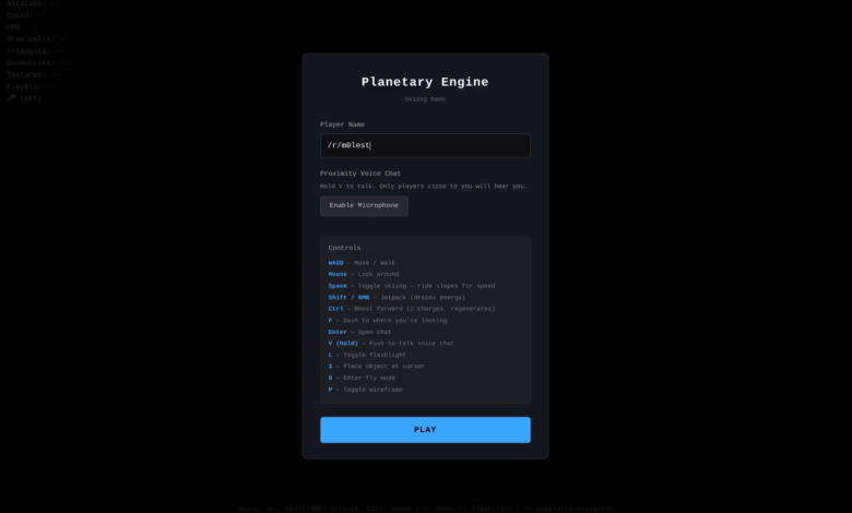 Years ago I wrote a planetary engine. Recently I really missed skiing around in Tribes. So I added a jetpack + skiing to my engine! What do you guys think? :-)